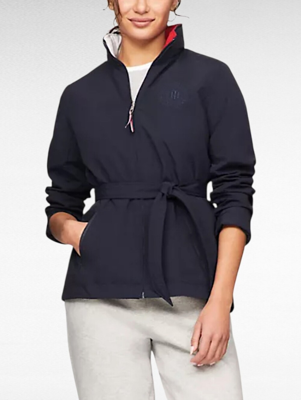 Tommy Hilfiger Yacht Zip Front Hooded Belted Jacket Navy Windbreaker Medium